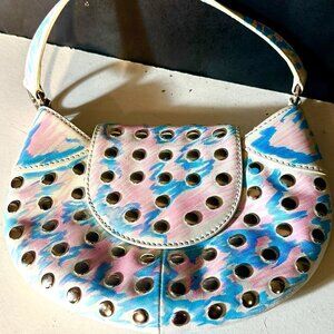 BCBG Studded Tie Dye Wristlet Bag Blue Pink Neon Club Handbag Silver Upcycle